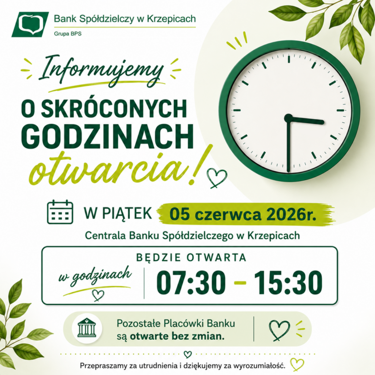 Informacja o skróconych godzinach otwarcia Centrali Banku w dniu 05 czerwca 2026 r.